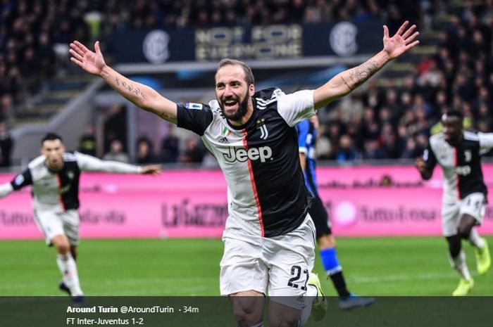 Selebrasi Gonzalo Higuain usai mencetak gol kemenangan 2-1 Juventus atas Inter Milan pada laga Derby d'Italia di Giuseppe Meazza, Minggu (6/10/2019).