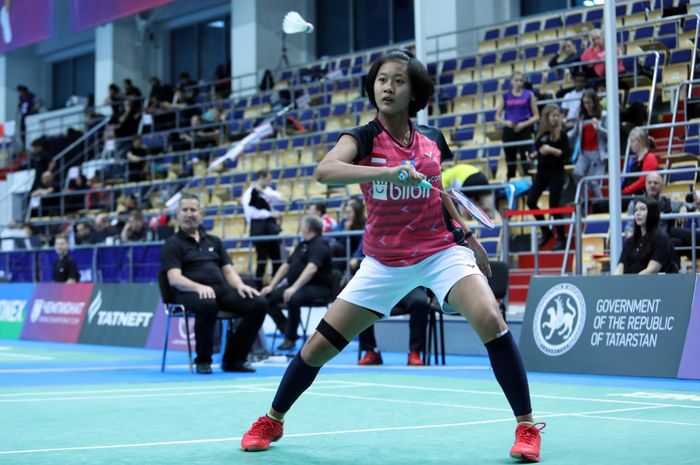 Pebulu tangkis tunggal putri Indonesia, Putri Kusuma Wardani, pada babak kedua  Kejuaraan Dunia Junior 2019 di Gymnastics Center, Kazan, Rusia, Selasa (8/10/2019).