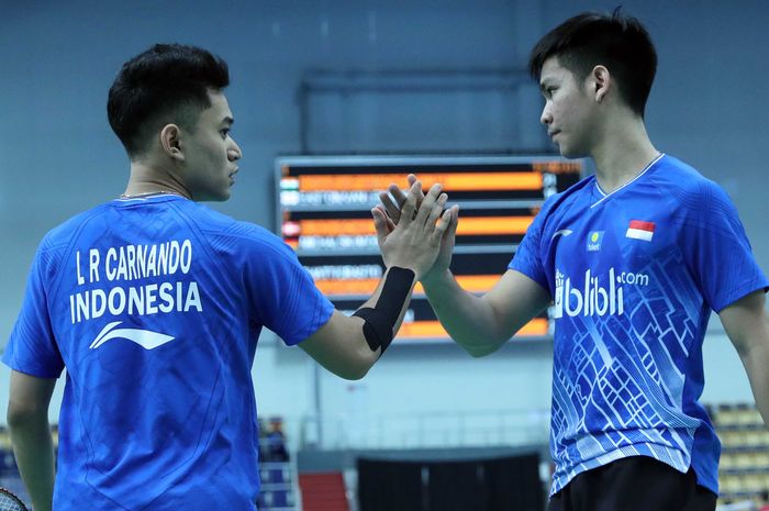 Leo Rolly Carnando/Daniel Marthin saat berlaga di babak 16 besar Kejuaraan Dunia 2019, di Kazan Gymnastics Center, Rusia, Kamis (10/10/2019).