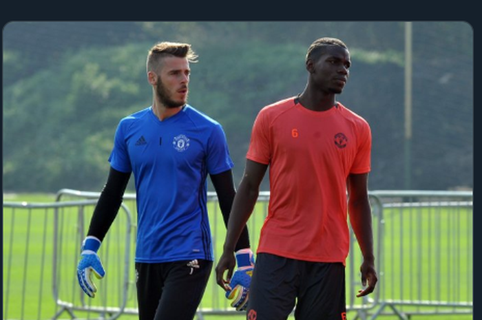 David De Gea (kiri) dan Paul Pogba (kanan) saat menjalani sesi latihan Manchester United.