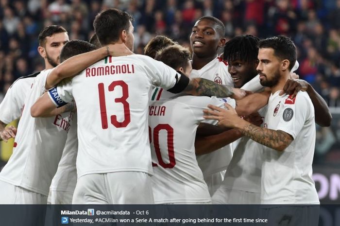 Para pemain AC Milan merayakan gol yang dicetak Franck Kessie di laga melawan Genoa pada pertandingan pekan ke-7 Liga Italia 2019-2020.