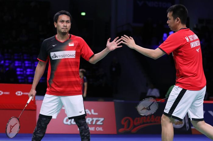 Pasangan ganda putra Indonesia, Mohammad Ahsan/Hendra Setiawan, menjalani laga babak kedua Denmark Open 2019 di Odense Sportspark, Kamis (17/10/2019).