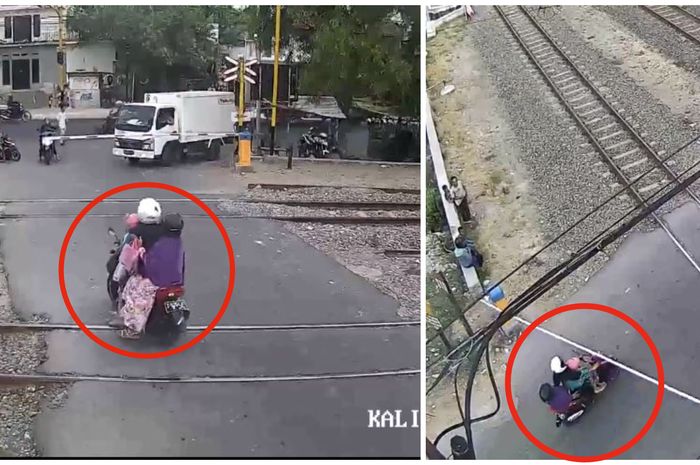 Viral di media sosial emak-emak pengendara sepeda motor nekat tabrak palang pintu perlintasan kereta api
