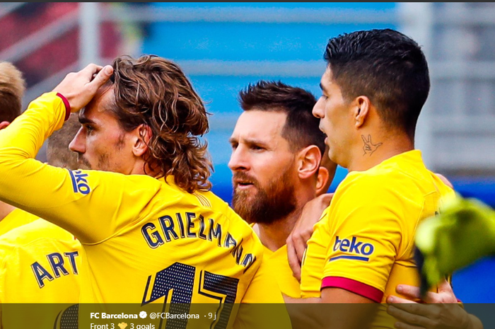 Trio MSG (Lionel Messi, Luis Suarez, Antoine Griezmann) untuk pertama kalinya mencetak gol bareng untuk Barcelona, Sabtu (19/10/2019).