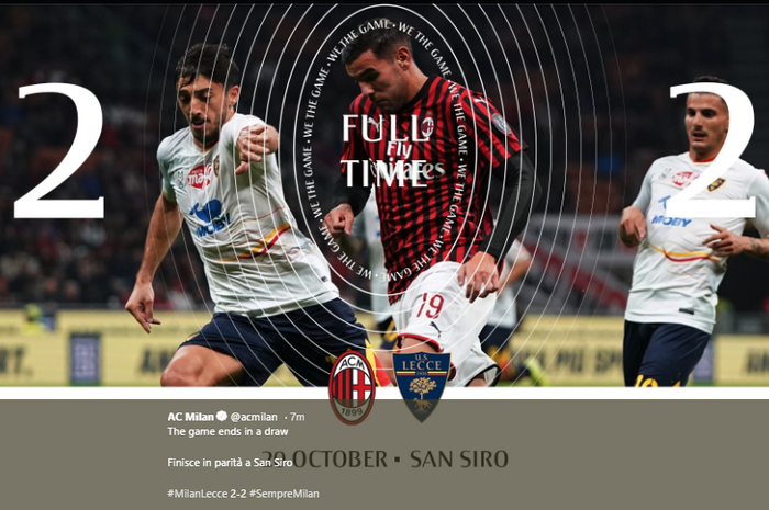 Hasil akhir pertandingan AC Milan melawan Lecce yang berakhir sama kuat, 2-2, di San Siro