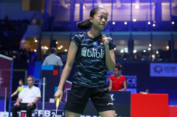 Ekspresi pemain tunggal putri Indonesia, Fitriani, pada babak pertama French Open 2019 di Paris, Prancis, Rabu (23/10/2019).