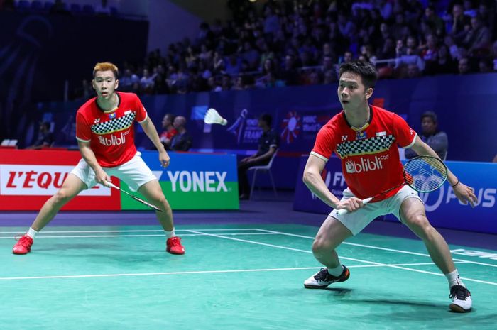 Pasangan ganda putra Indonesia, Marcus Fernaldi Gideon/Kevin Sanjaya Sukamuljo, turun pada babak pertama French Open 2019 di Paris, Prancis, Rabu (23/10/2019).