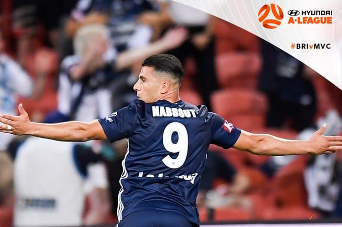 Selebrasi pemain Melbourne Victory, Andrew Nabbout seusai mencetak gol ke gawang Brisbane Roar pada lanjutan Liga Australia 2019-2020 di Stadion Suncorp, 25 Oktober 2019.