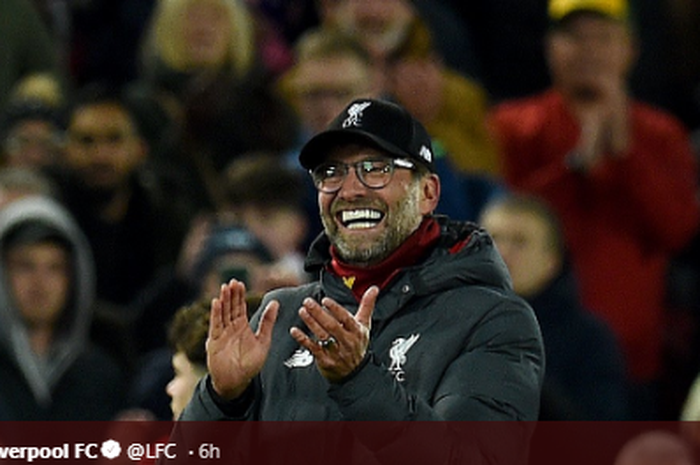 Pelatih Liverpool, Juergen Klopp sedang merayakan kemenangan timnya atas Arsenal di babak 16 besar EFL Cup, Kamis (31/10/2019)