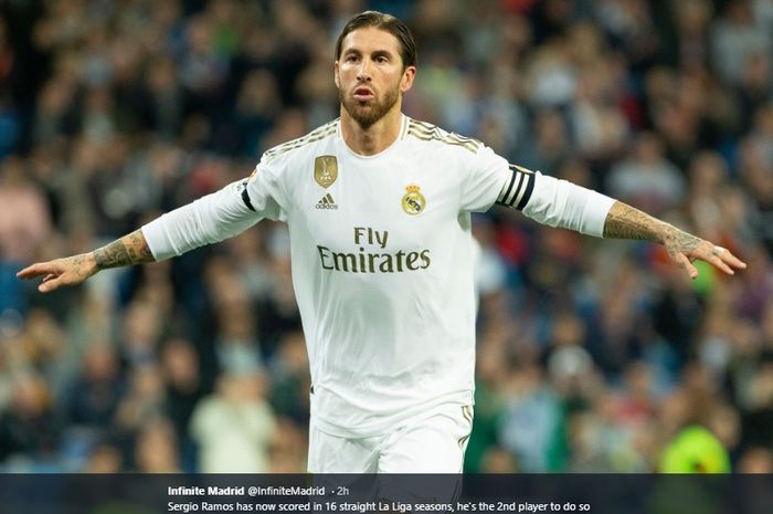 Kapten Real Madrid, Sergio Ramos, berhasil membukukan 500 penampilan di Liga Spanyol usai tampil melawan Huesca di Stadion Alfredo Di Stefano, Sabtu (31/10/2020)