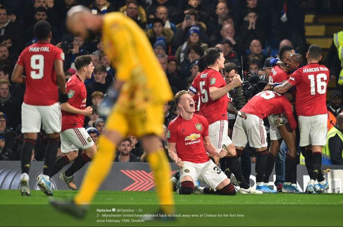 Pemain Manchester United merayakan gol mereka ke gawang Chelsea pada duel Piala Liga di Stamford Bridge, London, 30 Oktober 2019.