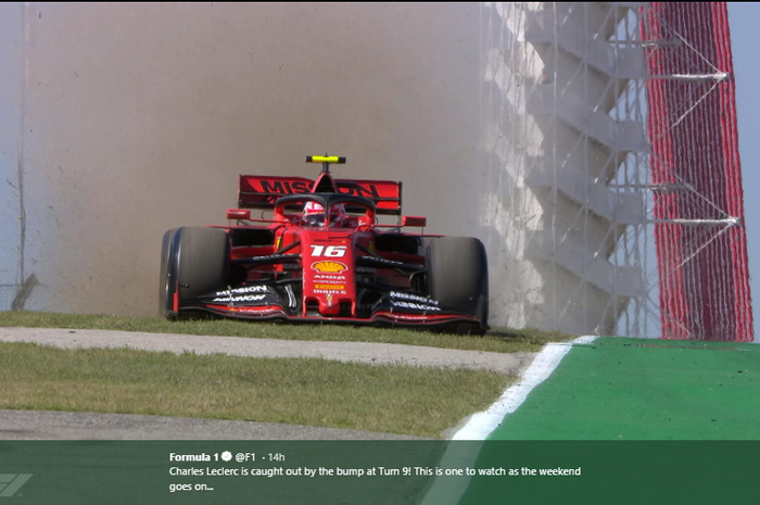 Pembalap Ferrari, Charles Leclerc, tampak kehilangan kendali akibat bumps yang terdapat di Circuit Of The Americas, Austin.