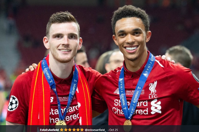 Andrew Robertson (Kiri) dan Trent Alexander-Arnold (kanan) saat merayakan kemenangan Liverpool di final Liga Champions  (2/6/2019)