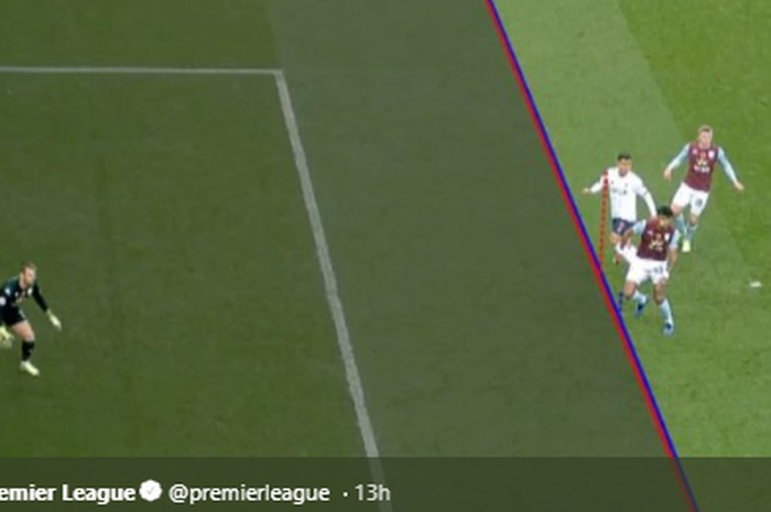 VAR menunjukkan posisi Roberto Firmino yang berada sedikit lebih maju dari bek terakhir Aston Villa. 