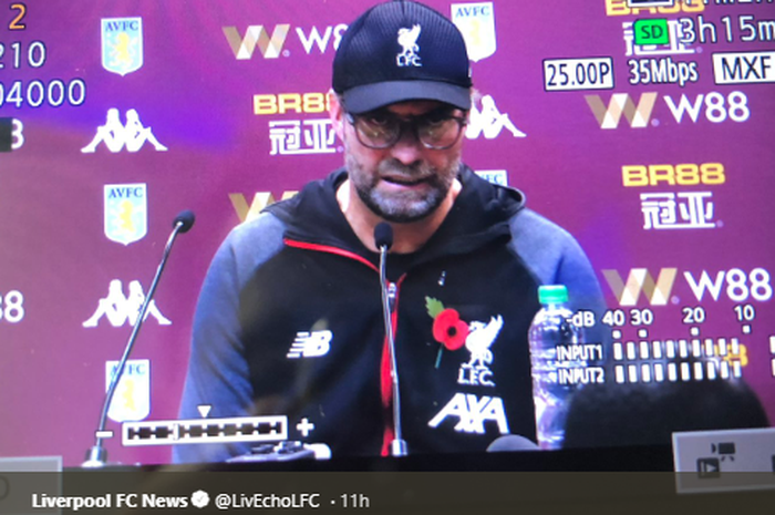 Ekspresi Juergen Klopp saat diwaancarai setelah pertandingan Aston Villa melawan Liverpool, Sabtu (2/11/2019)