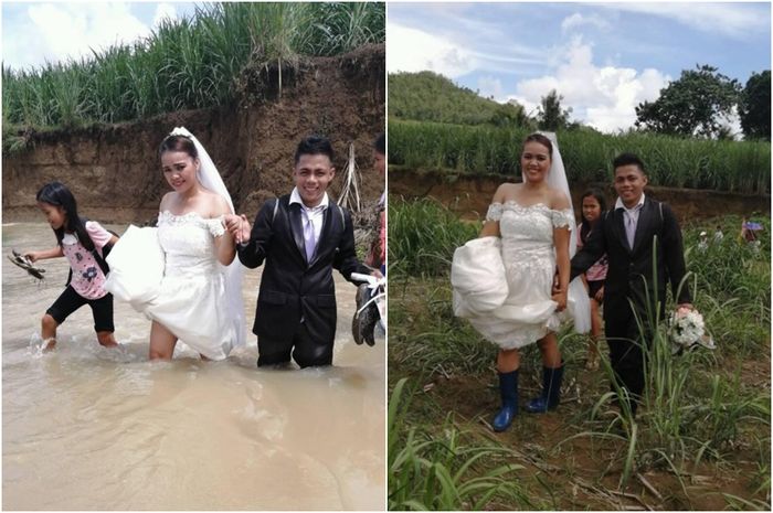 Pasangan pengantin ini arungi sungai demi tiba di tempat pernikahannya/Kolase Facebook/Joy Ann Fernandez Baquilar