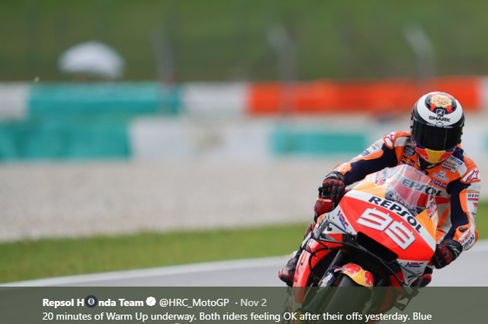 Pembalap Repsol Honda, Jorge Lorenzo, ketika sesi pemanasan MotoGP Malaysia 2019 di Sirkuit Sepang, 3 November 2019.