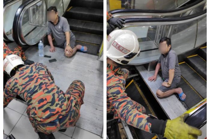 Seorang pria terjebak di eskalator dari bagian pinggang ke bawah