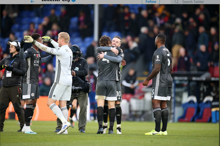 Pemain-pemain Leicester City merayakan kemenangan 2-0 atas Crystal Palace pada pekan ke-11 Liga Inggris, Minggu (3/11/2019) di Selhurst Park.