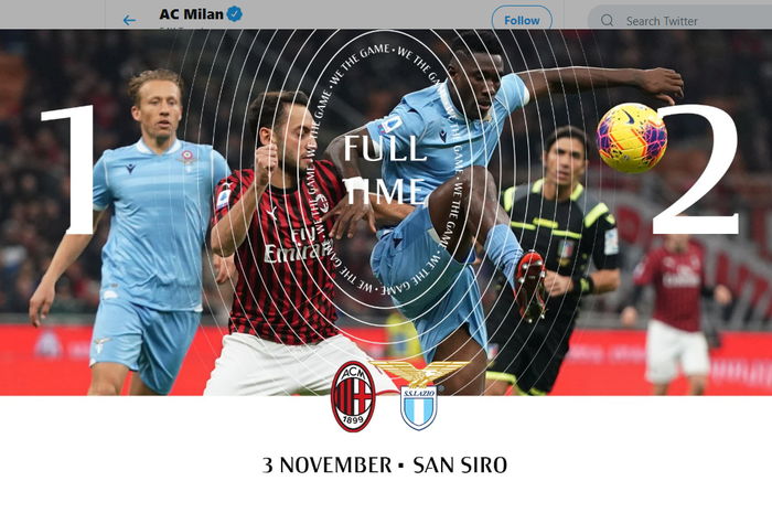 AC Milan takluk 1-2 dari tamunya, Lazio, pada pekan ke-11 Liga Italia, Minggu (3/11/2019) di San Siro.