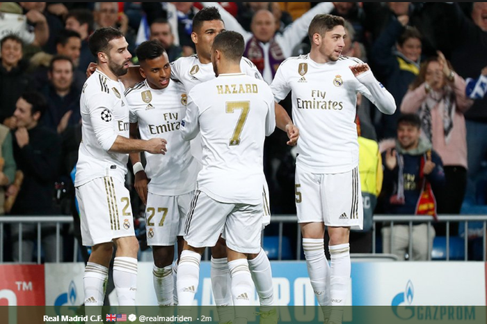 Pemain Real Madrid saat merayakan gol Rodrygo ke gawang Galatasaray di ajang Liga Champions, Kamis (7/11/2019) dini hari WIB