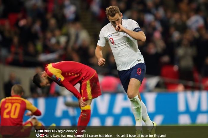 Striker timnas Inggris, Harry Kane, melakukan selebrasi usai mencetak gol ke gawang Montenegro pada pertandingan Kualifikasi Euro 2020 di Stadion Wembley, Kamis (14/11/2019).