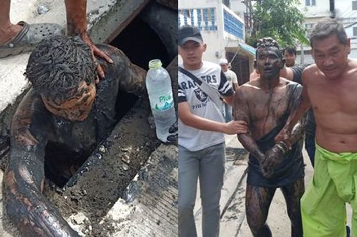 Kondisi pelaku saat dikeluarkan dari selokan. Berlumur lumpur dan bau tak sedap
