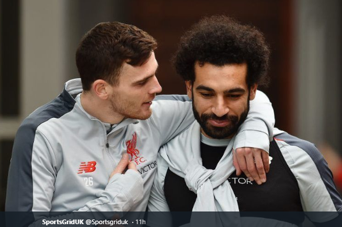 Andy Robertson (Kiri) dan Mohamed Salah diragukan tampil di laga kontra Crystal Palace yang akan digelar Sabtu (23/11/2019)