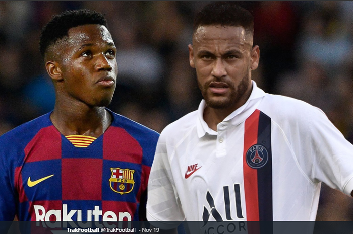 Pemain muda Barcelona, Ansu Fati (kiri), dan penyerang Paris Saint-Germain, Neymar.