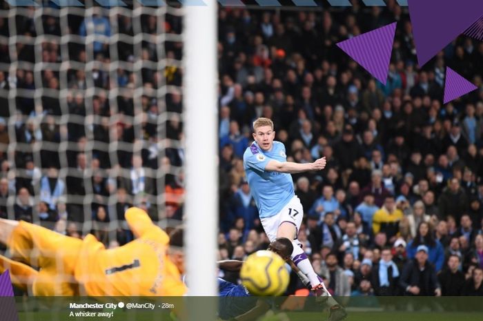 Momen tendangan yang dilepaskan Kevin De Bruyne ke arah gawang Chelsea di Etihad Stadium pada pertandingan pekan ke-13 Liga Inggris, Sabtu (23/11/2019).