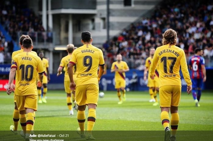 Trio MSG (Lionel Messi, Luis Suarez, dan Antoine Griezmann) dalam pertandingan Barcelona melawan Levante pada laga lanjutan Liga Spanyol.