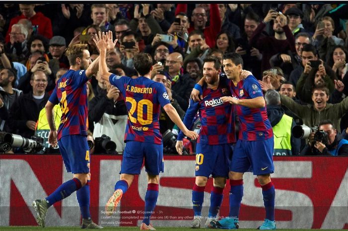 Pemain Barcelona merayakan gol ke gawang Dortmund dalam partai Liga Champions di Camp Nou, 27 November 2019.