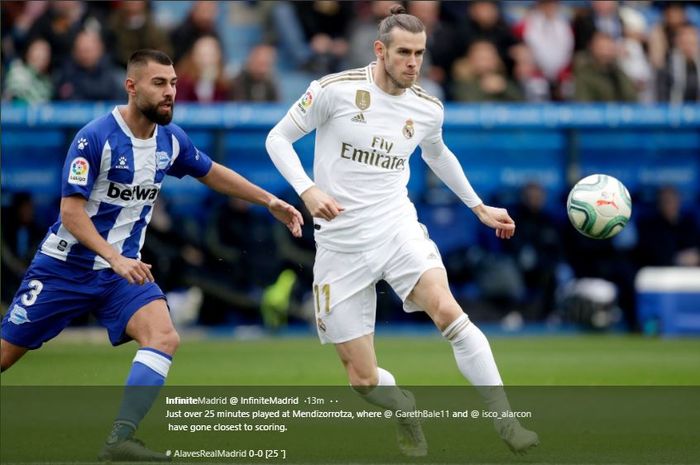 Pemain sayap Real Madrid, Gareth Bale, pada laga melawan Alaves di Liga Spanyol.