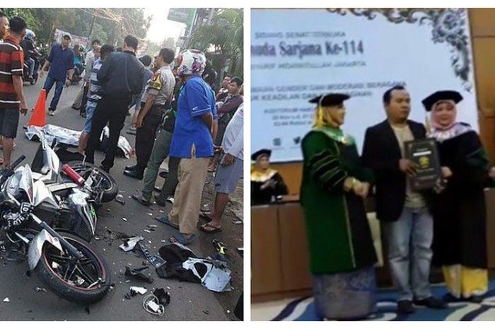 Lokasi kecelakaan Nurul Faqih, dan sang kakak saat menerima piagam di wisudanya