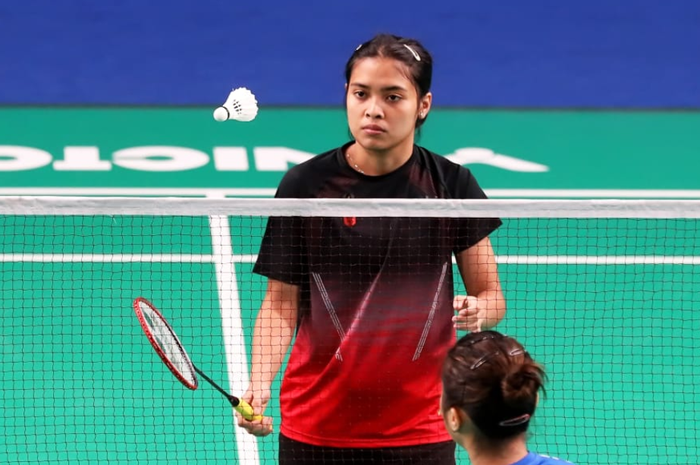 Pebulu tangkis tunggal putri Indonesia, Gregoria Mariska Tunjung, saat menghadapi Yeo Jia Min (Singapura) pada babak semifinal beregu putri SEA Games 2019 di Muntinlupa Sports Complex, Filipina, 2 Desember 2019.