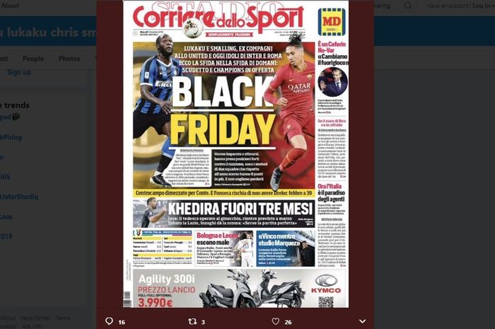 Headline surat kabar Italia yang kontroversial, dengan foto Romelu Lukaku dan Chris Smalling yang dijuluki 'Black Friday'.