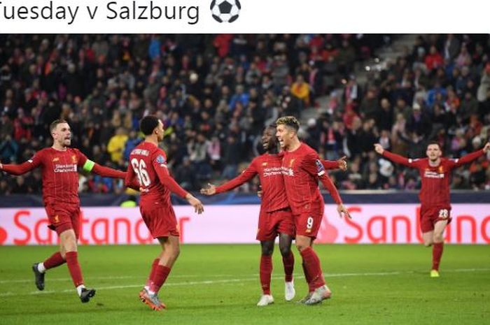 Para pemain Liverpool merayakan gol yang dicetak oleh Naby Keita (tengah) dalam laga Grup E Liga Champions melawan Salzburg di Stadion Salzburg, Selasa (10/12/2019).