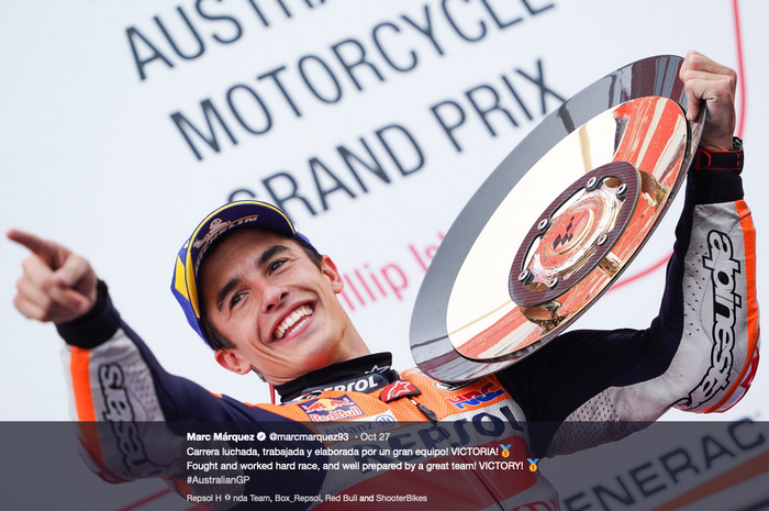 Pembalap Repsol Honda, Marc Marquez saat memenangkan GP Australia pada 27 Oktober 2019.