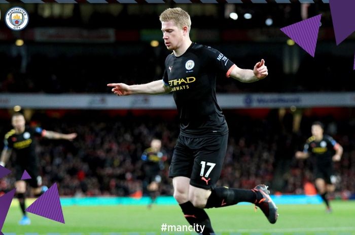 Selebrasi Kevin De Bruyne usai membobol gawang Arsenal untuk kedua kalinya pada laga di Stadion Emirates, Minggu (15/12/2019).