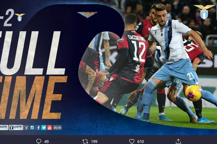 Lazio meraih kemenangan ke-8 secara berturut-turut di Liga Italia saat mengalahkan Cagliari 2-1, Senin (16/12/2019) di Sardegna Arena.