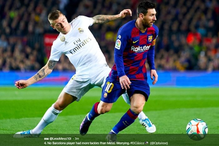 Pergerakan Lionel Messi coba dicegat oleh Toni Kroos pada pertandingan El Clasico di Stadion Camp Nou, Rabu (18/12/2019).