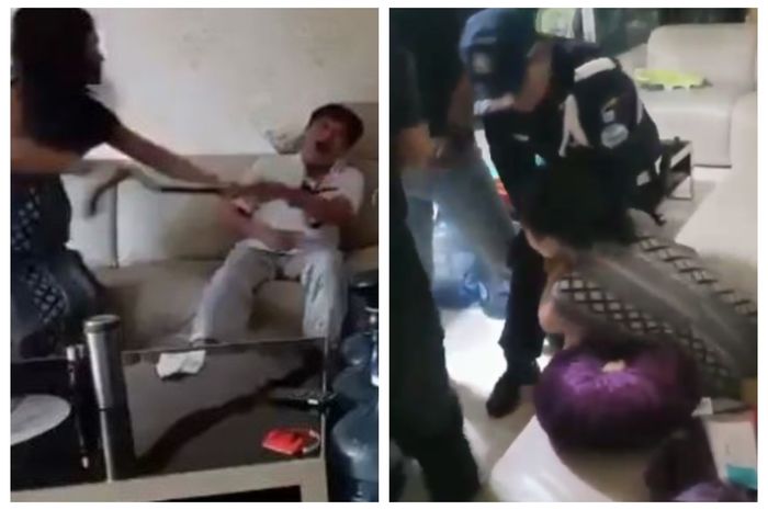 Aksi wanita pemukul suami stroke saat digelandang petugas keamanan.
