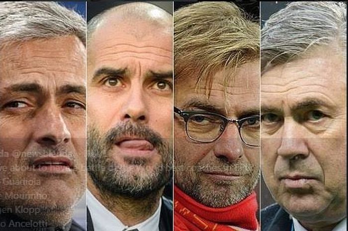 Kiri ke kanan: Jose Mourinho, Pep Guardiola, Juergen Klopp, dan Carlo Ancelotti, kini berada di liga yang sama.