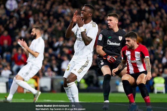 Ekspresi Vinicius Junior usai membuang peluang untuk membobol gawang Athletic Bilbao pada pertandingan di Stadion Santiago Bernabeu, Minggu (22/12/2019).