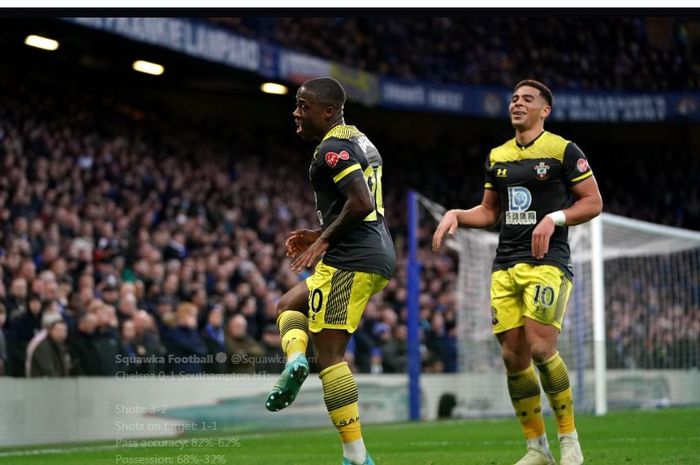 Michael Obafemi merayakan golnya untuk Southampton ke gawang Chelsea pada laga Liga Inggris di Stamford Bridge, London, 26 Desember 2019.