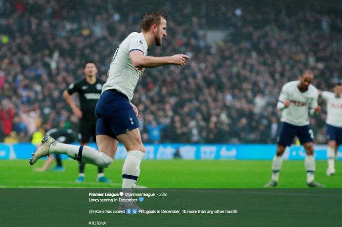 Harry Kane saat merayakan gol ke gawang Brighton dalam lanjutan Liga Inggris pekan ke-19, Kamis (26/12/2019).