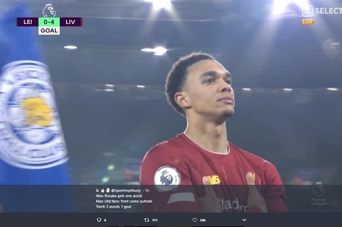 Selebrasi bek sayap Liverpool, Trent Alexander-Arnold usai mencetak gol ke gawang Leicester City di pekan ke-19 Liga Inggris, gayanya mirip seperti Kylian Mbappe.