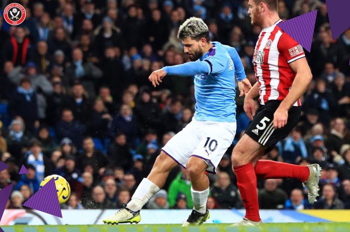 Sergio Aguero mencetak gol dalam laga Manchester City vs Sheffield United pada pekan ke-20 Liga Inggris, Minggu (29/12/2019).