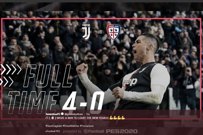 Hat-trick Cristiano Ronaldo membawa Juventus menang 4-0 atas Cagliari pada pekan ke-18 Liga Italia, Senin (6/1/2020) di Allianz Stadium Turin.