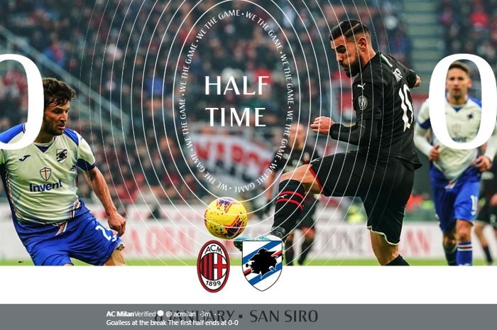 Theo Hernandez berusaha menjangkau bola pada pertandingan melawan Sampdoria di San Siro, Senin (6/1/2020).